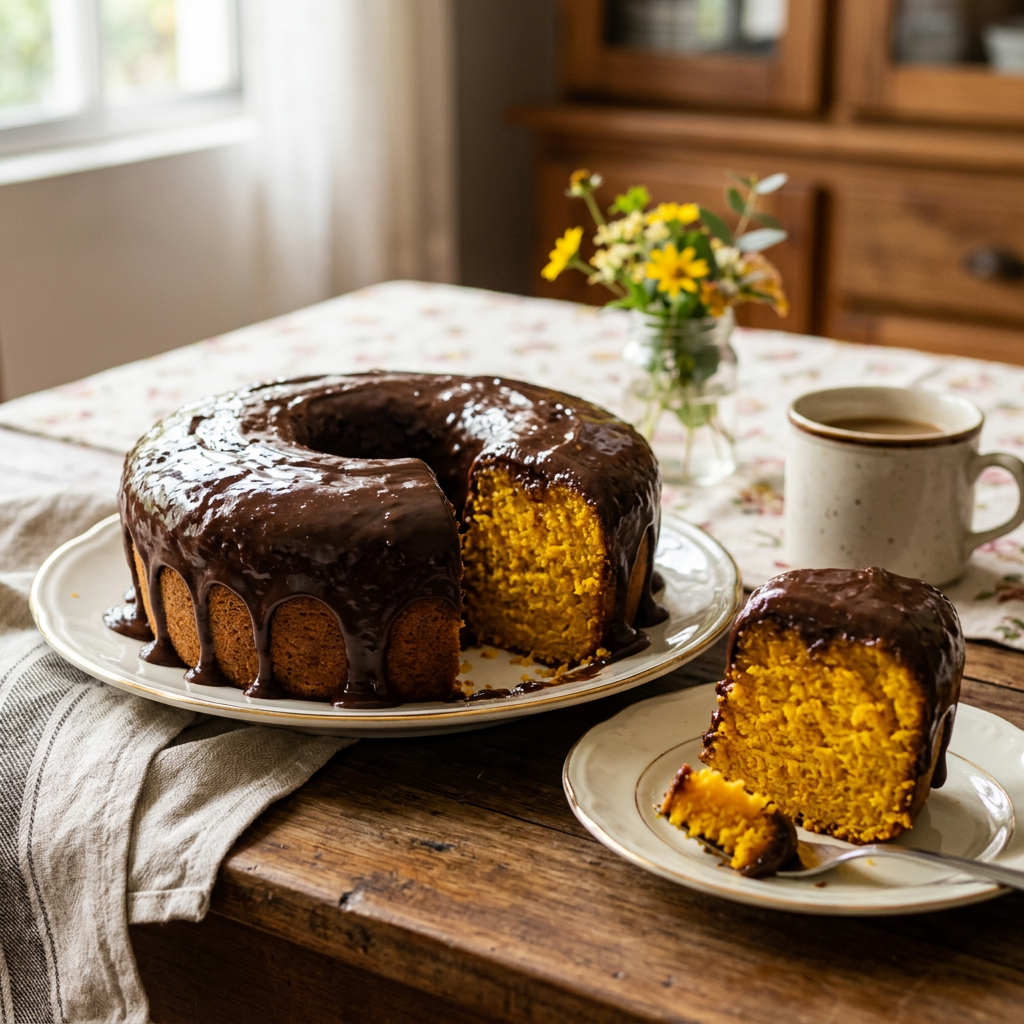 Bundt cake with chocolate glaze and a slice on a plate with a fork, coffee cup and flower vase