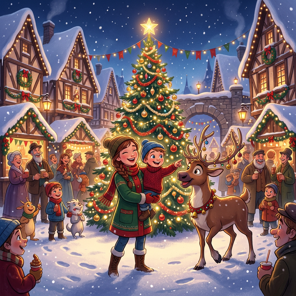 Children and villagers celebrating around a decorated Christmas tree with a reindeer in a snowy village