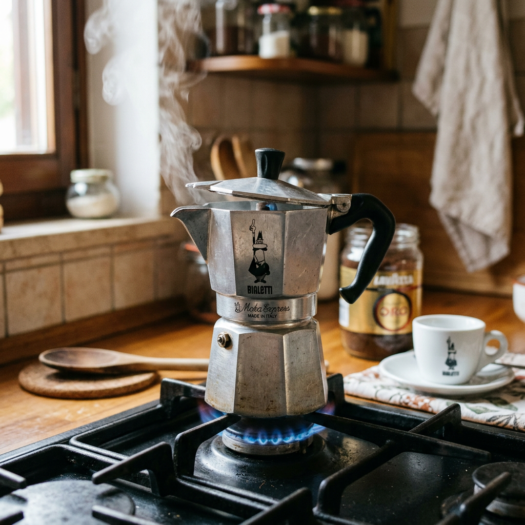 Bialetti Moka espresso pot on a stove with blue flame and steam rising
