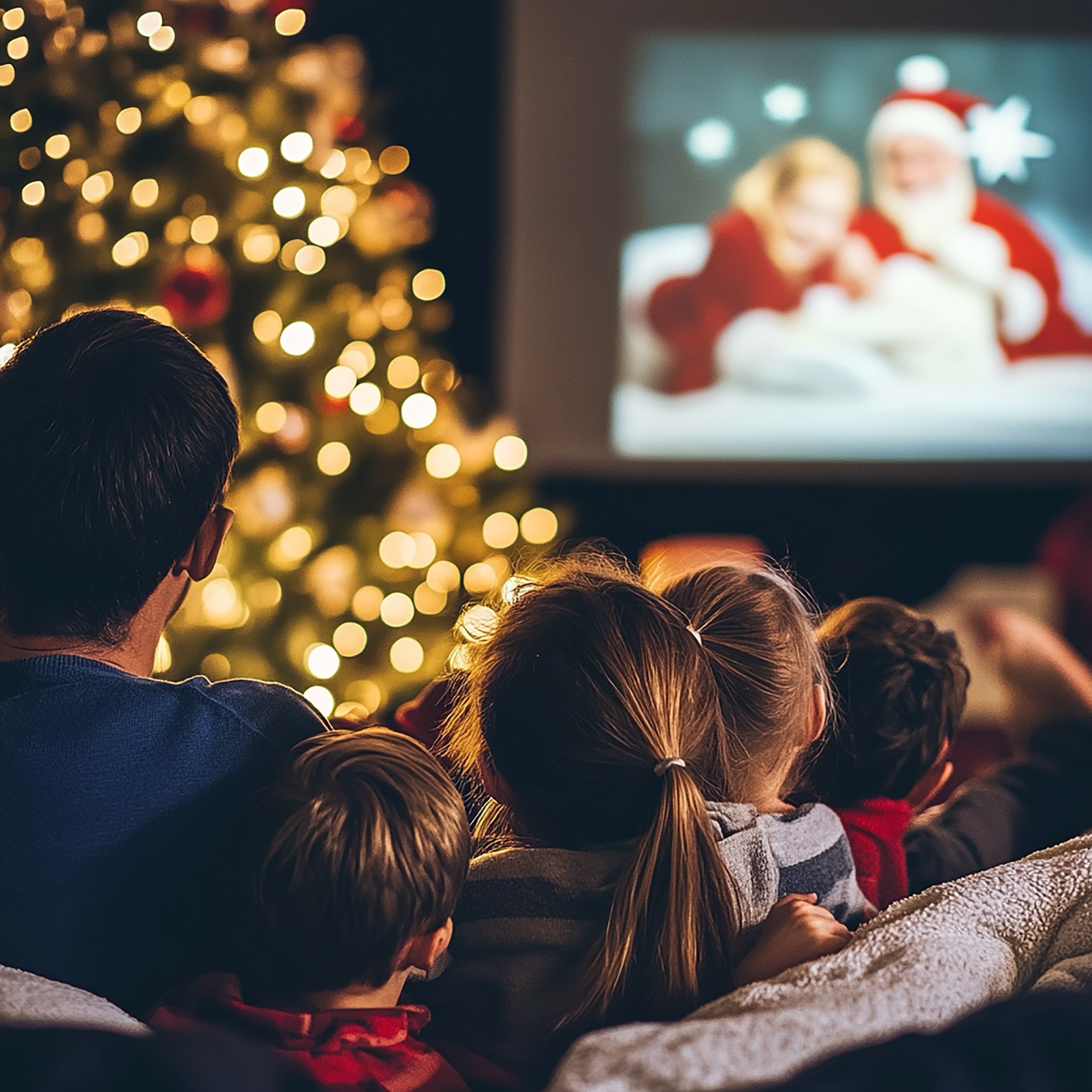 Sessão de cinema de Natal em casa com pipoca e cobertor